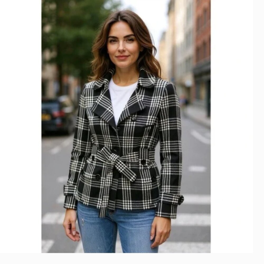 Nine West Womens Black & White Plaid Houndstooth Jacket Button Tie Size 4